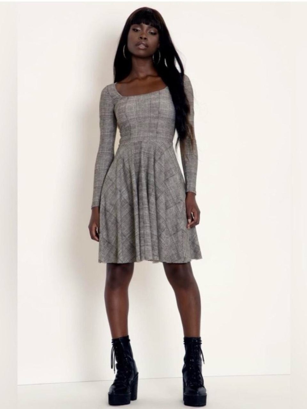 Blackmilk Tweed Mono Squared Up Longline Dress Grey Plaid Fit and Flare